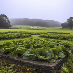 Fototapeta premium A broad field of mustard greens with a stone circle 