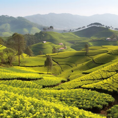  A tapestry of green tea plantations and bright
