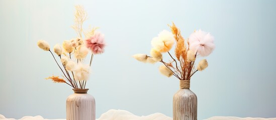 The photo shows two vases made of dried flowers in pastel colors including roses cotton flowers and rice flowers