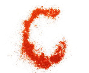 Red paprika powder alphabet letter C, symbol isolated on white, clipping path