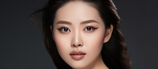 The stunning Asian model with her flawless white complexion expertly brushed the cosmetics onto her face accentuating her natural beauty fashion portrait