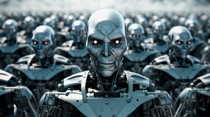 illustration of an angry looking robot army, all look the same - obrazy, fototapety, plakaty