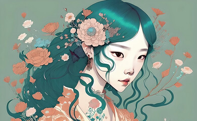 Asian girl long hair and spring flowers illustration, pastel colors isolated copy space background.