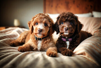 wo cute dark brown poodle puppies, cuddled on the soft bed.