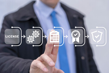 Man using virtual touchscreen sees word: LICENSE. Licensing. License agreement business technology concept. Copyright protection law license property rights.