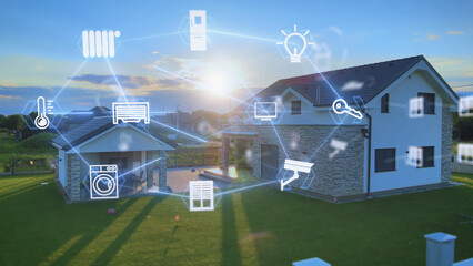 Smart home network with icons in front of smart, modern house. Photovoltaic, heating, camera system, automatic shutters - obrazy, fototapety, plakaty