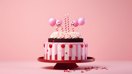 Sweet Symphony Pink Background, Birthday Cake with Strawberries, Chocolate, Candles, Cream and macarons. Ballons on the background. Generative AI