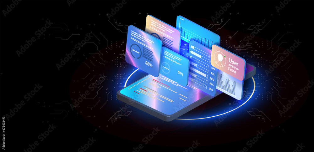 Wall mural the phone is floating above a dark background with a futuristic circuit board design the screens on 