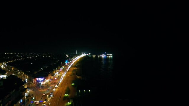 Aerial view of the high street in Blackpool during the night