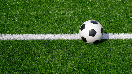 Black and white soccer and football ball in the field. Horizontal sport theme poster, greeting cards, headers, website and app