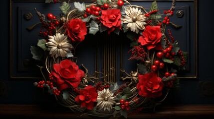 Fototapeta na wymiar Festive Christmas Wreath on Dark Background 14
