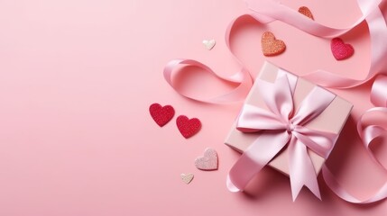 Top view of valentine's day decorations white giftbox with pink silk ribbon bow and small hearts on isolated pastel pink background with copyspace. The concept of holiday surprise for New Year.