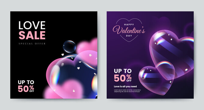 Creative Valentine's Day background. Floating transparent glossy hearts bubbles on dark background. Romantic background with bright hearts. 3d style. Vector illustration.
