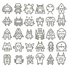set of black and white abstract cute cartoon doodle creatures monsters icons tattoo flash sheet on Transparent background 