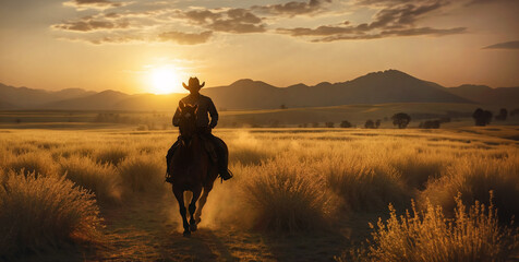 With the sun sinking behind the mountains, a cowboy on horseback, his lasso at the ready, rides through the desert landscape - obrazy, fototapety, plakaty