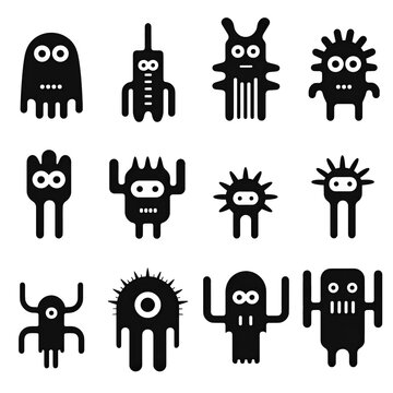 set of black and white abstract cartoon doodle creatures monsters icons tattoo flash sheet on Transparent background 