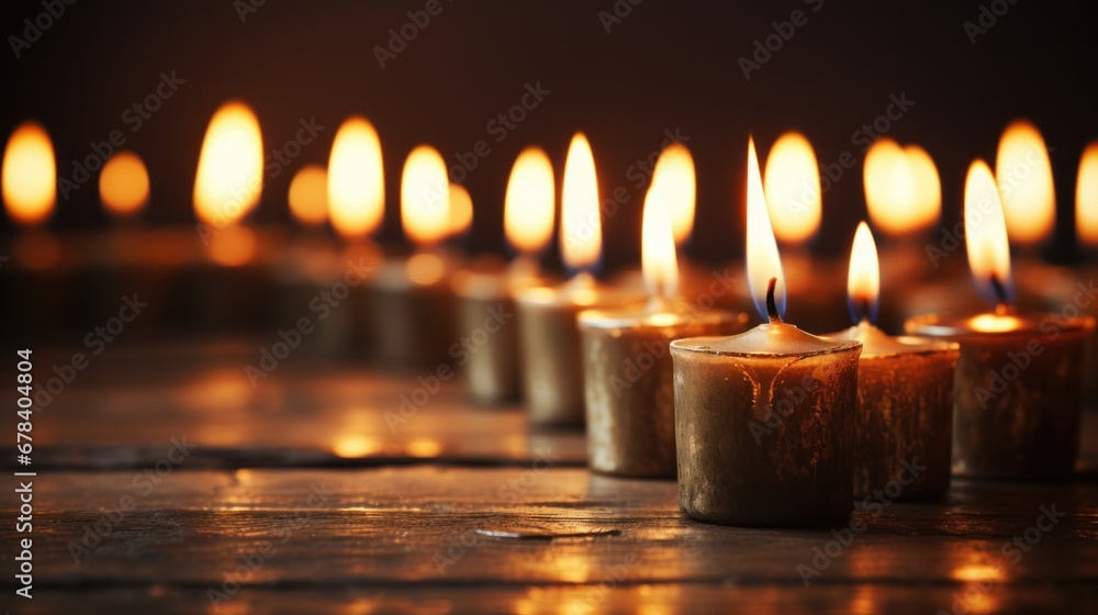 Wall mural Candles burning on a wooden table, AI - Wall murals