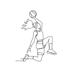 One continuous line drawing of Basketball player vector illustration. the player asks dribbling the ball, passing the ball, and shooting the ball at the hoop. Sports design concept vector illustration