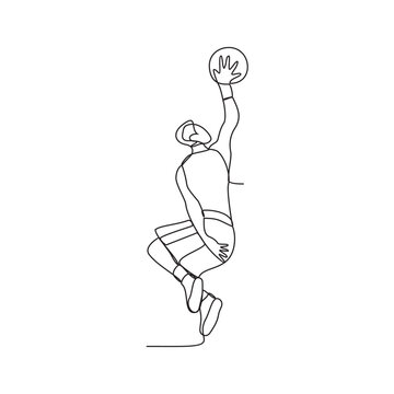 One continuous line drawing of Basketball player vector illustration. the player asks dribbling the ball, passing the ball, and shooting the ball at the hoop. Sports design concept vector illustration
