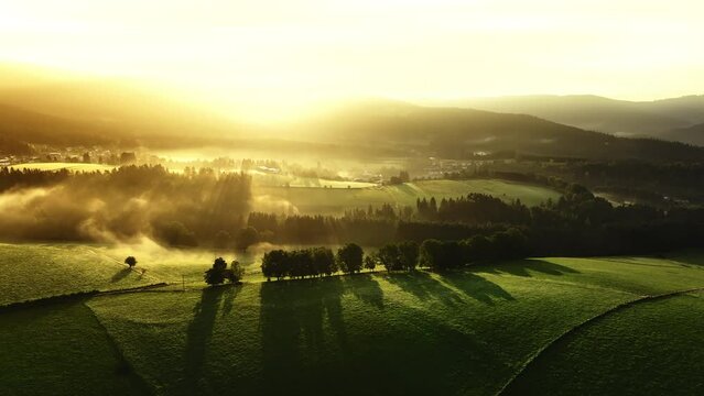 Early fog between hills and in forest is lit up by the sun in mountains. Drone flies closer to trees.