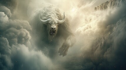 A fearsome bull from another world. A demonic bull running towards us. - obrazy, fototapety, plakaty