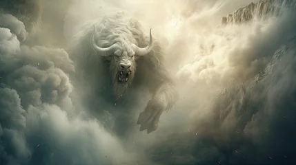Fotobehang A fearsome bull from another world. A demonic bull running towards us. © Login