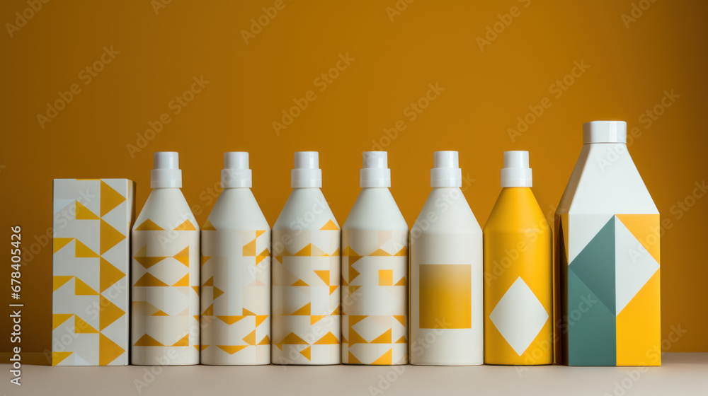 Poster a row of bottles with geometric patterns on them, ai