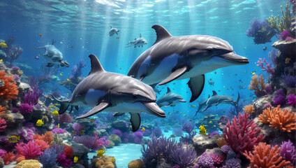A pod of dolphins swims through a coral reef.