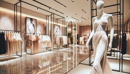 Spacious interior of an exquisite fashion boutique. A mannequin in a spectacular dress of complex texture, emphasizing the graceful female silhouette. An atmosphere of luxury and style - obrazy, fototapety, plakaty