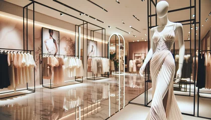 Foto op Plexiglas Spacious interior of an exquisite fashion boutique. A mannequin in a spectacular dress of complex texture, emphasizing the graceful female silhouette. An atmosphere of luxury and style © hodim