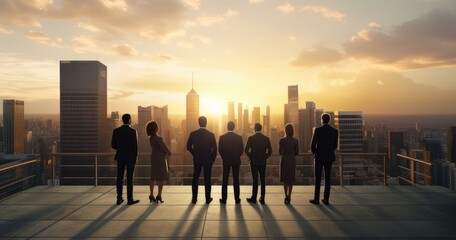 men and women business professionals standing watch the dawn of a new venture , generated by AI - obrazy, fototapety, plakaty