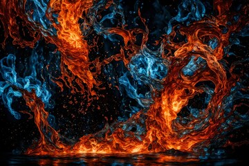 Molten embers and cerulean depths in an abstract fire and water dance - obrazy, fototapety, plakaty