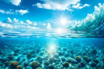 Summer sale background template. Vector illustration with deep underwater ocean scene. Background with realistic clouds and marine horizon-