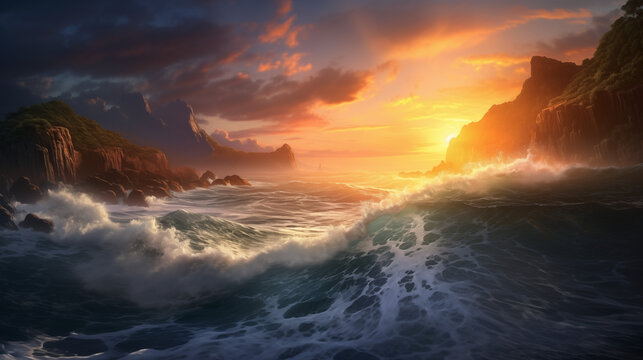 Breathtaking coastal scene with crashing waves, a golden sunset, and a dramatic cliffside overlooking the vast ocean