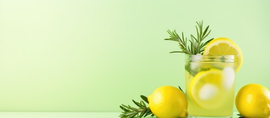 Refreshing cold lemon beverage with ice and lemon slices on a light green surface