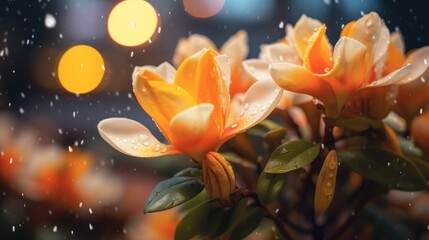 Beautiful flowers in the rain with bokeh light background. Springtime Concept. Magnolia Flowers....