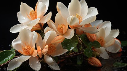 Beautiful magnolia flowers with water drops on black background, closeup. Springtime Concept. Magnolia Flowers. Magnolia tree blooming.
