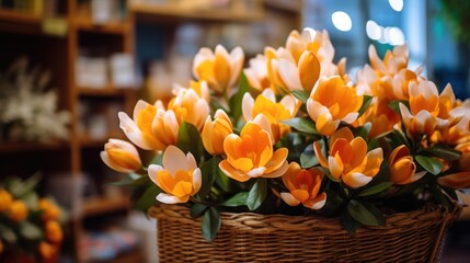 Orange crocus flowers in a wicker basket in a flower shop. Springtime Concept. Magnolia Flowers....