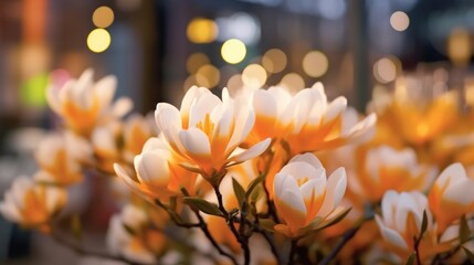Magnolia flowers in the city, close-up with bokeh. Springtime Concept. Magnolia Flowers. Magnolia...