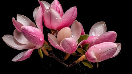 Beautiful pink magnolia flowers with water drops isolated on black background. Springtime Concept....