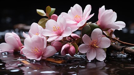 Beautiful pink sakura blossom with water drops on black background. Springtime Concept. Magnolia...