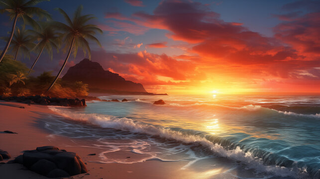 Enchanting tropical paradise with palm trees, crystal-clear turquoise waters, and a vibrant sunset casting warm tones across the scene