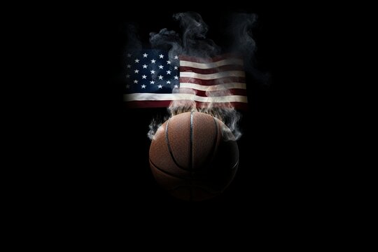 Patriotic Blaze: A Cinematic Background Wallpaper featuring an Exploding Basketball, Flames Engulfing the USA Flag, Capturing the Dynamic Energy and Pride of Athletic Triumph