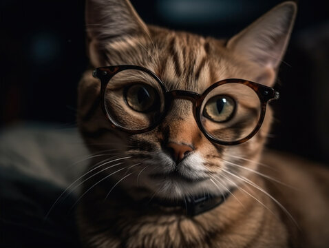 Domestic tabby cat wearing reading glasses looks at the camera. Smart cat close-up. Smart pet concept. Portrait of a cute cat with glasses. Wise animal