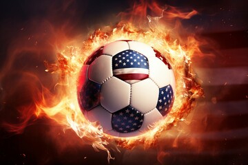 Fototapeta premium Inferno of Victory: Witness the Explosive Dissolving of a Soccer Ball, Flames Surrounding the USA Flag, in a Cinematic Light Background Wallpaper, Capturing Athletic Power and Patriotism