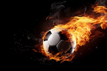 Fototapeta premium Kick of Flames: Witness the Explosive Dissolving of a Soccer Ball, Flames Enveloping in Cinematic Light, Creating a Dynamic Background Wallpaper of Athletic Power and Passion