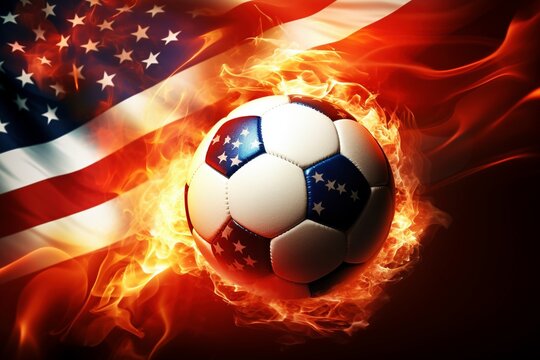 Inferno of Victory: Witness the Explosive Dissolving of a Soccer Ball, Flames Surrounding the USA Flag, in a Cinematic Light Background Wallpaper, Capturing Athletic Power and Patriotism