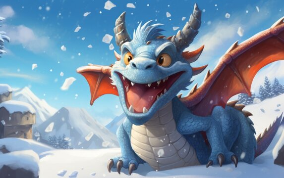 Fantasy dragon in the snow. 3D illustration.