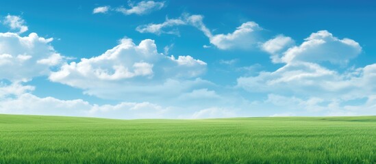 The lush green grass background merges seamlessly with the blue summer sky creating a picturesque landscape of natures beauty distance a content cow grazes field providing milk for the hard - Powered by Adobe