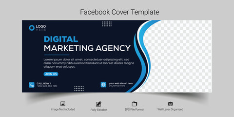 Digital marketing agency facebook cover photo design with creative shape or web banner for digital marketing business, Blue color  - obrazy, fototapety, plakaty